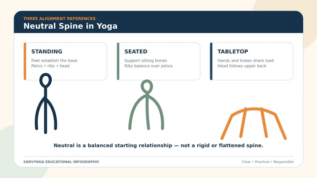 Neutral spine alignment landmarks for standing, seated and tabletop yoga poses