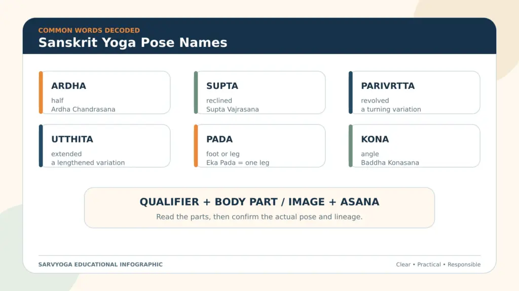 Common Sanskrit yoga pose words with English meanings and pose-name examples