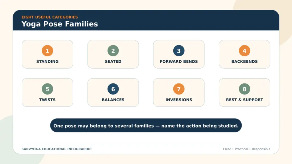 Eight yoga pose families used to organise asana practice and sequencing